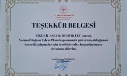 Niğde İl Sağlık Müdürlüğüne Bakanlıktan Teşekkür Belgesi