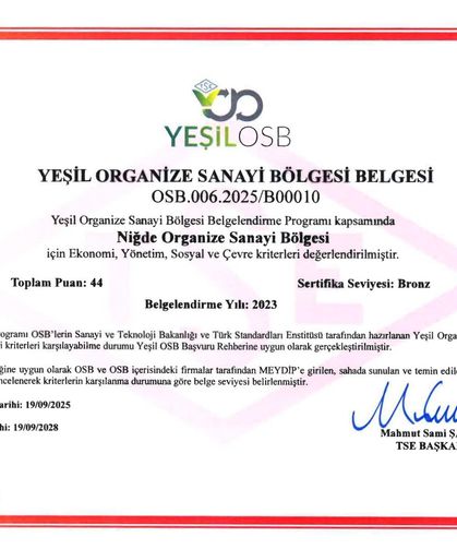 TSE, Niğde OSB'ye "Yeşil OSB Belgesi" Verdi