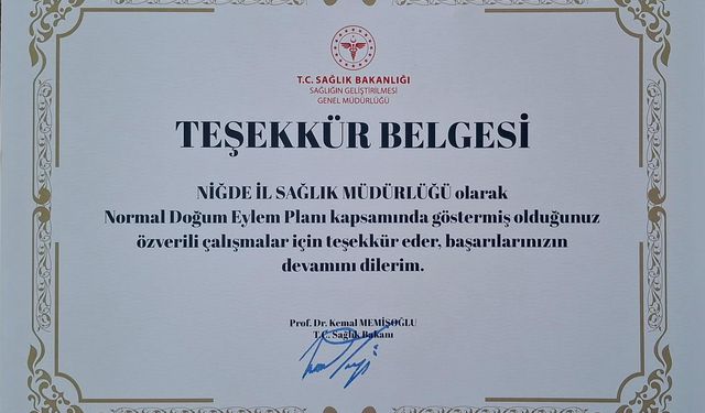 Niğde İl Sağlık Müdürlüğüne Bakanlıktan Teşekkür Belgesi