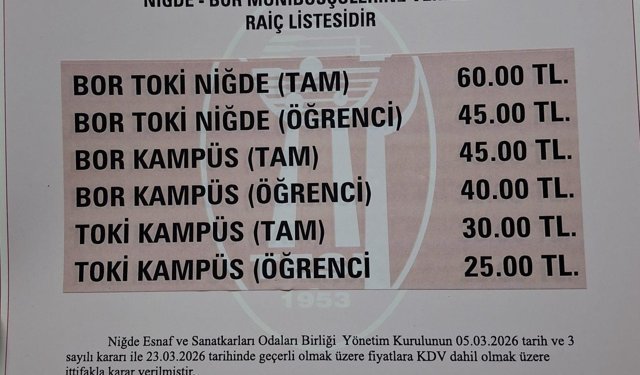 Niğde–Bor  Otobüs  Fiyatlarına Zam!