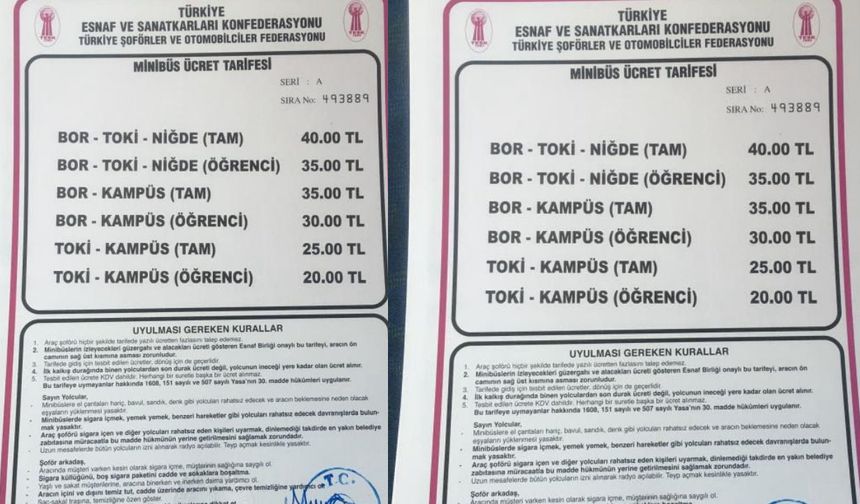 Bor - Niğde Otobüs Ücretlerine Zam Yapıldı
