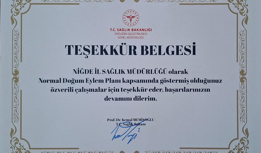 Niğde İl Sağlık Müdürlüğüne Bakanlıktan Teşekkür Belgesi