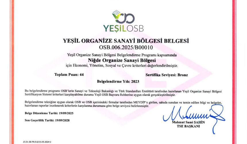 TSE, Niğde OSB'ye "Yeşil OSB Belgesi" Verdi