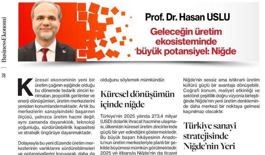 Rektör Hasan Uslu’dan Niğde’nin Üretim Potansiyeline Dikkat Çeken Makale